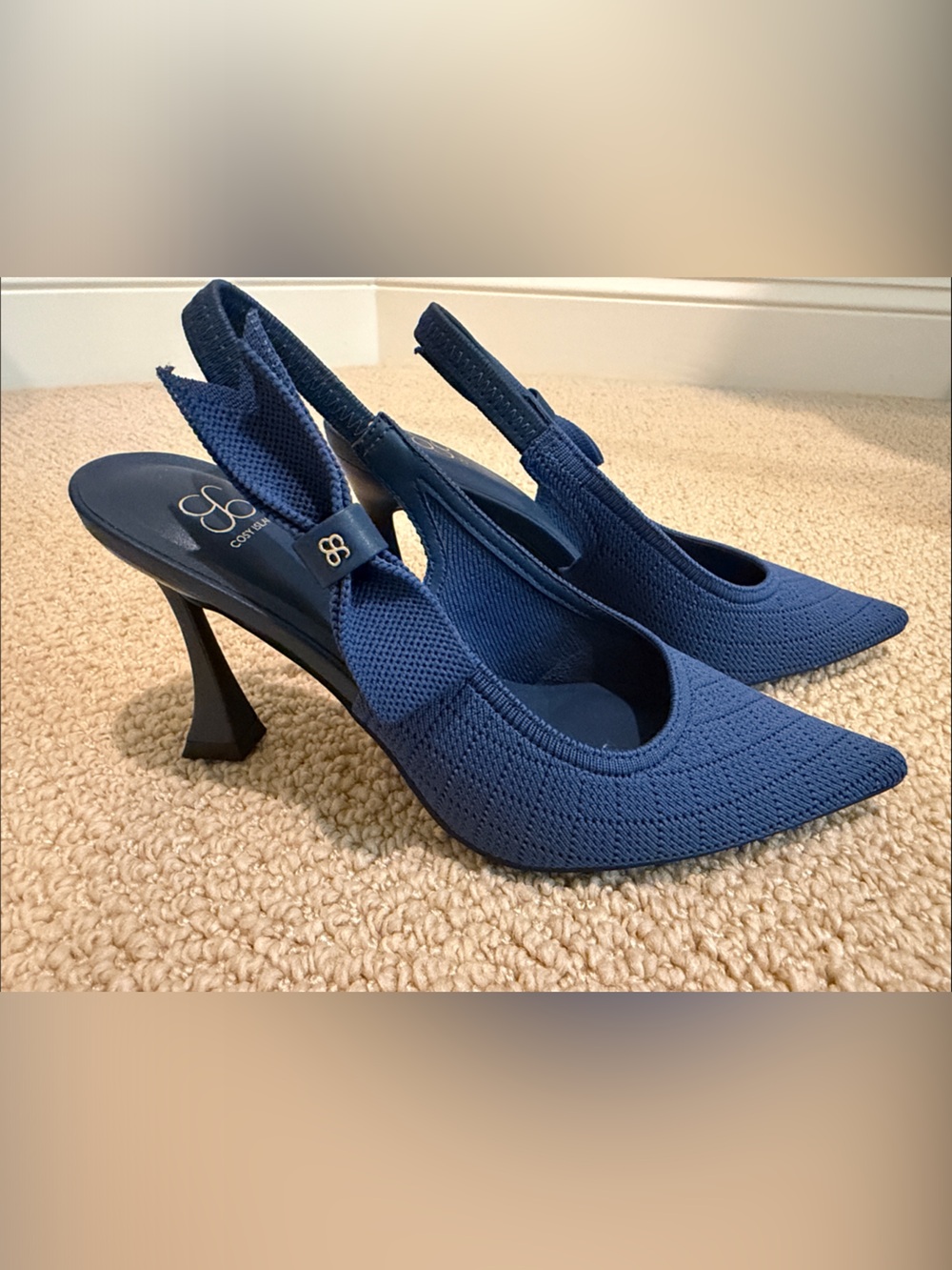 Cosy Island Navy Knit Slingback Pointed-Toe Heels with Bow Accent, Size 6